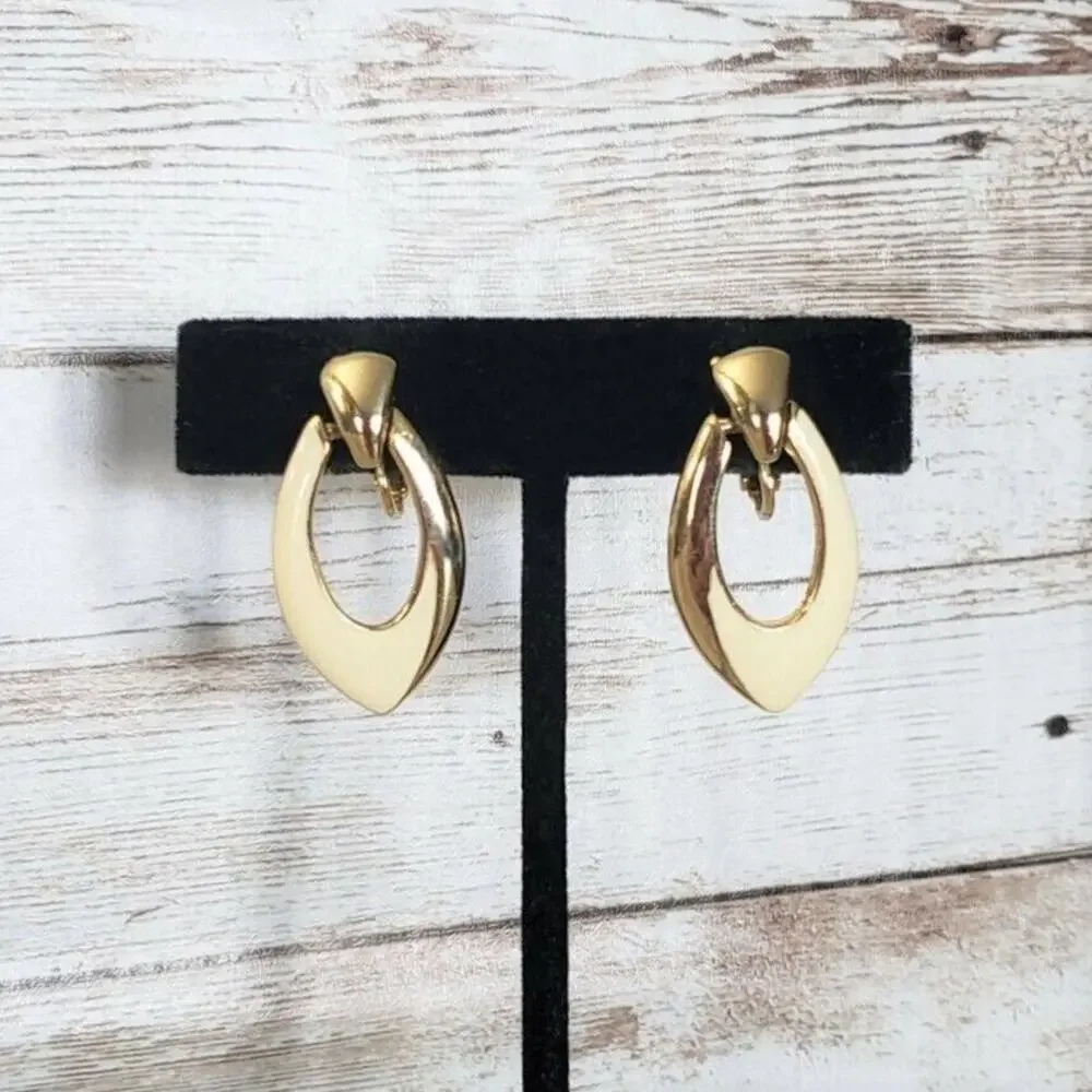 Vintage Clip On Earrings Cream & Gold Tone Fancy Dangle Statement